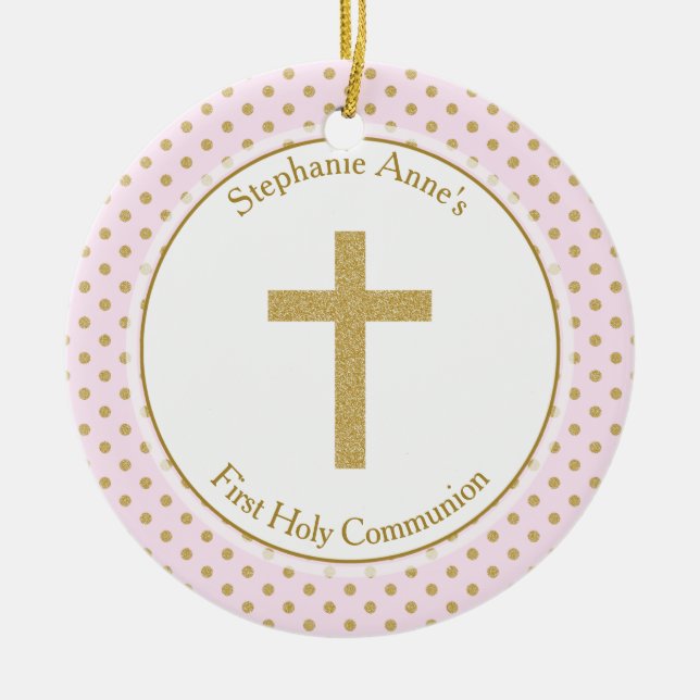 Ornamento De Cerâmica Communion Pink com Bolinhas Douradas (Frente)