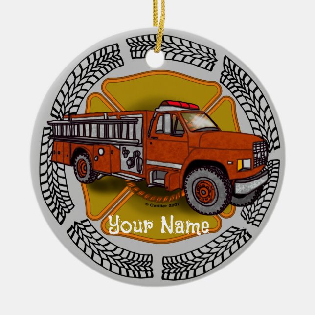 Ornamento De Cerâmica Como eu rolo Caminhão de bombeiros  (Frente)