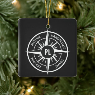 Ornamento De Cerâmica Compass star emblem monogram black and white