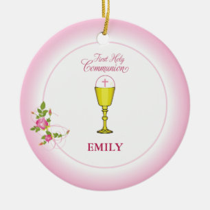 Ornamento De Cerâmica Comunhão santamente do rosa da menina primeiro,