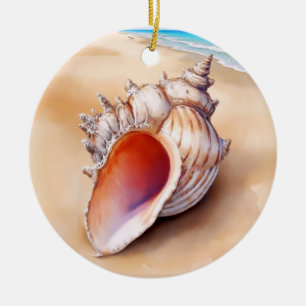 Ornamento De Cerâmica Concha de caramujo em aquarela na praia