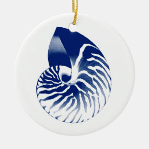 Ornamento De Cerâmica Concha de Nautilus - marinho azul e branco