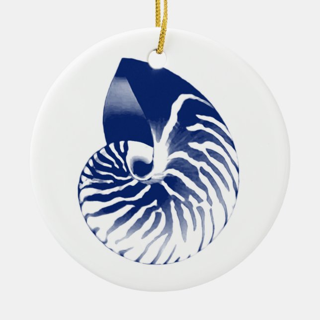 Ornamento De Cerâmica Concha de Nautilus - marinho azul e branco (Frente)