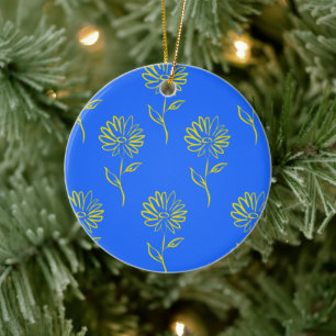 Ornamento De Cerâmica Contorno de Flor Amarela em um Fundo Azul