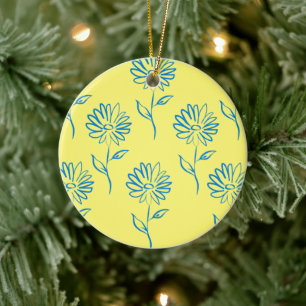 Ornamento De Cerâmica Contorno de Flor Azul em um Fundo Amarelo