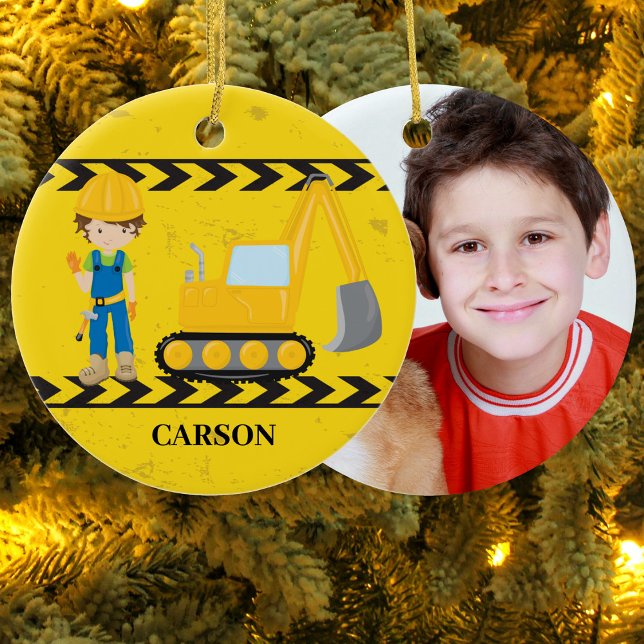 Ornamento De Cerâmica Cool Construction Excavator Custom Kids Photo (Criador carregado)