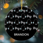 Ornamento De Cerâmica Cool Gamer Personalized Gaming Pattern Christmas<br><div class="desc">Awesome custom gaming Christmas ornament gift with a cool video game controller and headphone pattern for a gamer. Personalize with a name in white on the black ornament.</div>