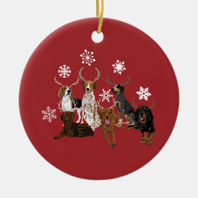 Ornamento De Cerâmica Coonhound Antlers vermelho (Frente)