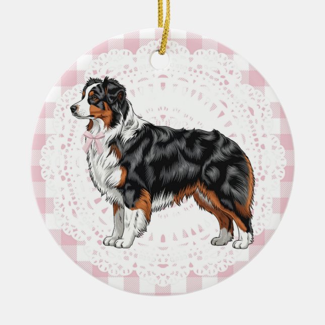 Ornamento De Cerâmica Coquette Australian Shepherd Dog Pink Gingham Bows (Frente)