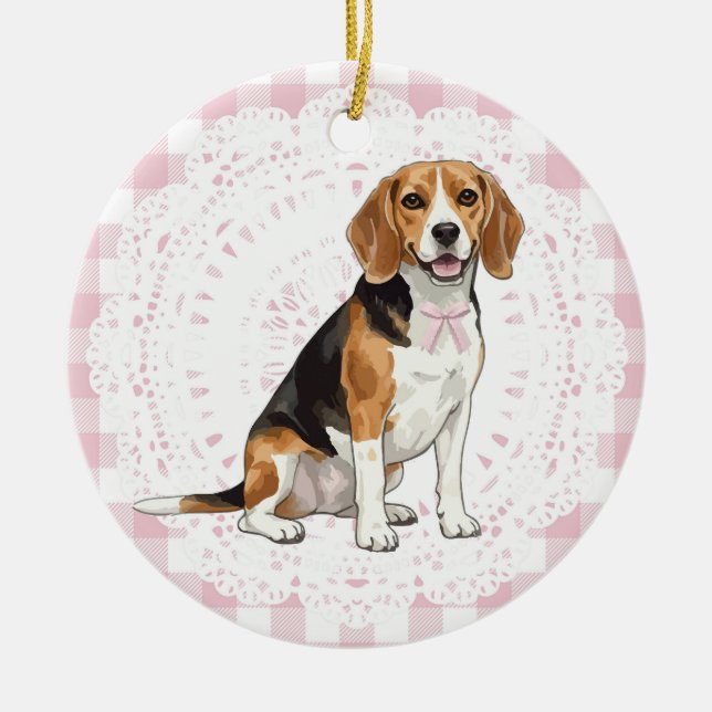 Ornamento De Cerâmica Coquette Beagle Dog Pink Gingham Bows (Frente)