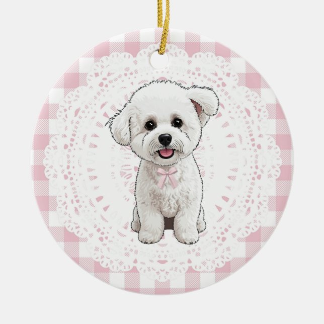 Ornamento De Cerâmica Coquette Bichon Frise Dog Pink Gingham Bows (Frente)