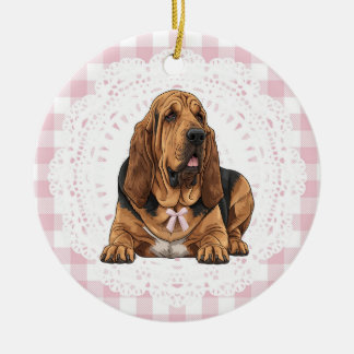 Ornamento De Cerâmica Coquette Bloodhound Dog Pink Gingham Bows