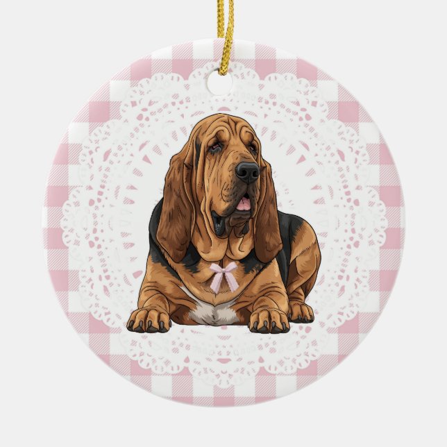 Ornamento De Cerâmica Coquette Bloodhound Dog Pink Gingham Bows (Frente)