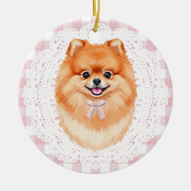 Ornamento De Cerâmica Coquette Brown Pomeranian Dog Pink Gingham Bows (Frente)