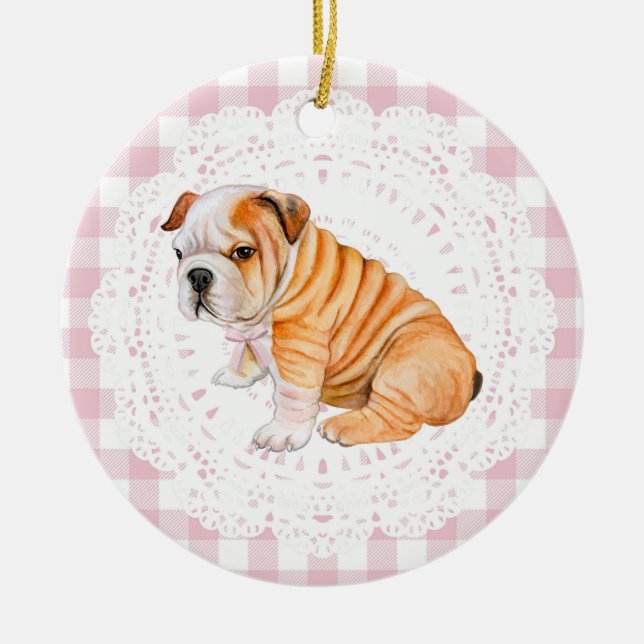 Ornamento De Cerâmica Coquette Bulldog Dog Pink Gingham Bows (Frente)