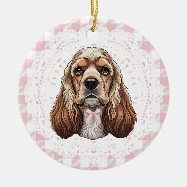 Ornamento De Cerâmica Coquette Cocker Spaniel Dog Pink Gingham Bows (Frente)