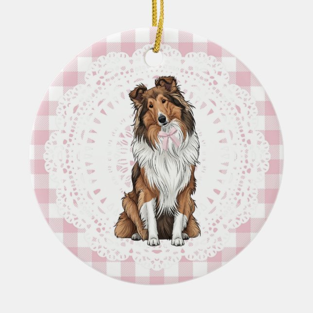 Ornamento De Cerâmica Coquette Collie Dog Pink Gingham Bows (Frente)