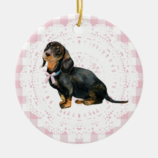 Ornamento De Cerâmica Coquette Dachshund Dog Pink Gingham Bows (Frente)