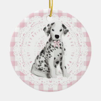 Ornamento De Cerâmica Coquette Dalmation Dog Pink Gingham Bows