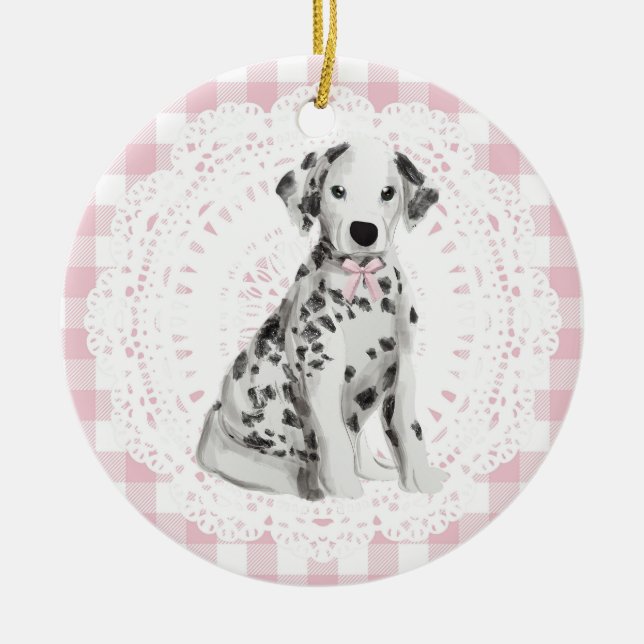 Ornamento De Cerâmica Coquette Dalmation Dog Pink Gingham Bows (Frente)