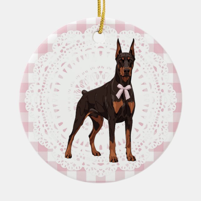 Ornamento De Cerâmica Coquette Doberman Pinscher Pink Gingham Bows (Frente)