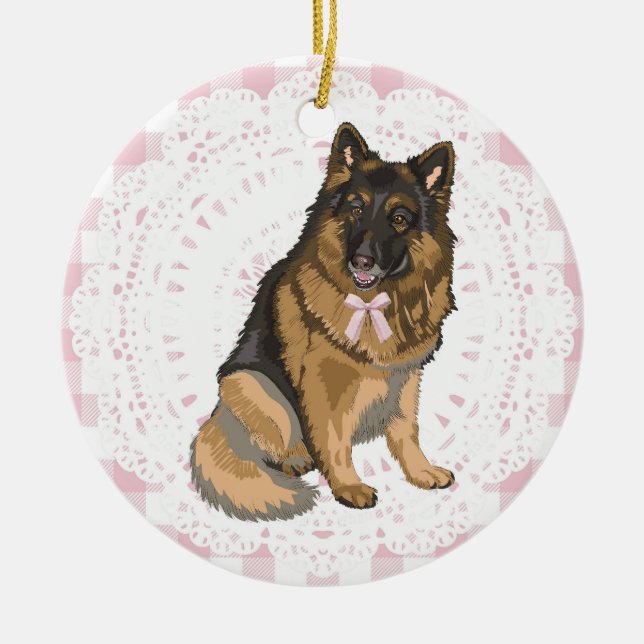 Ornamento De Cerâmica Coquette German Shepherd Dog Pink Gingham Bows (Frente)