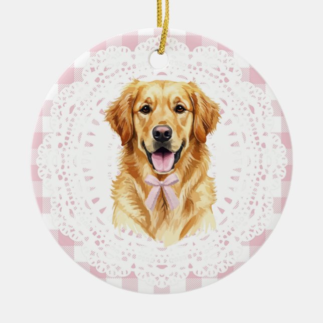 Ornamento De Cerâmica Coquette Golden Retriever Dog Pink Gingham Bows (Frente)