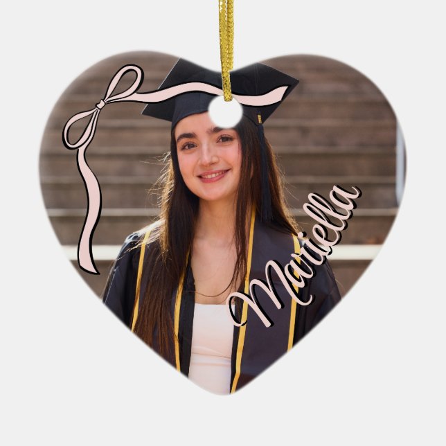 Ornamento De Cerâmica Coquette Graduate Pink Bow Name Lace Photo  (Frente)