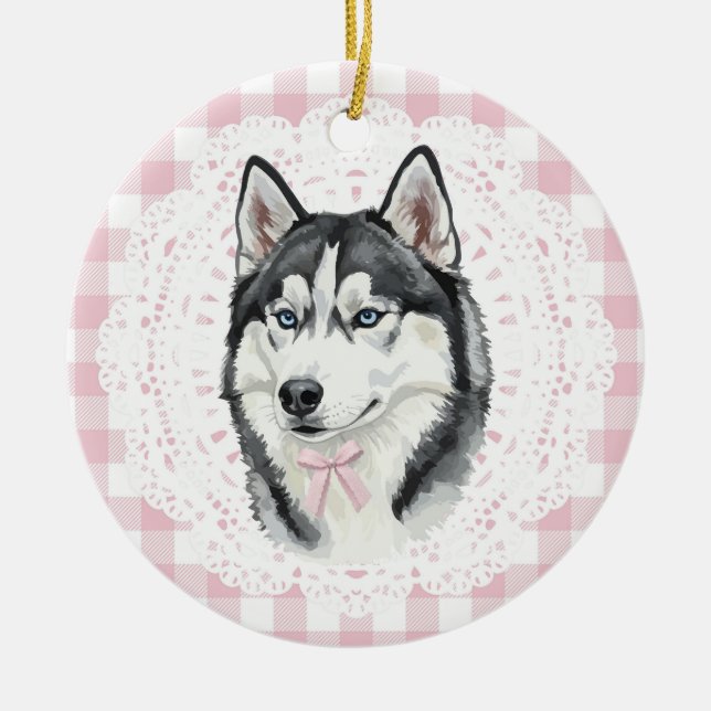 Ornamento De Cerâmica Coquette Husky Dog Pink Gingham Bows (Frente)