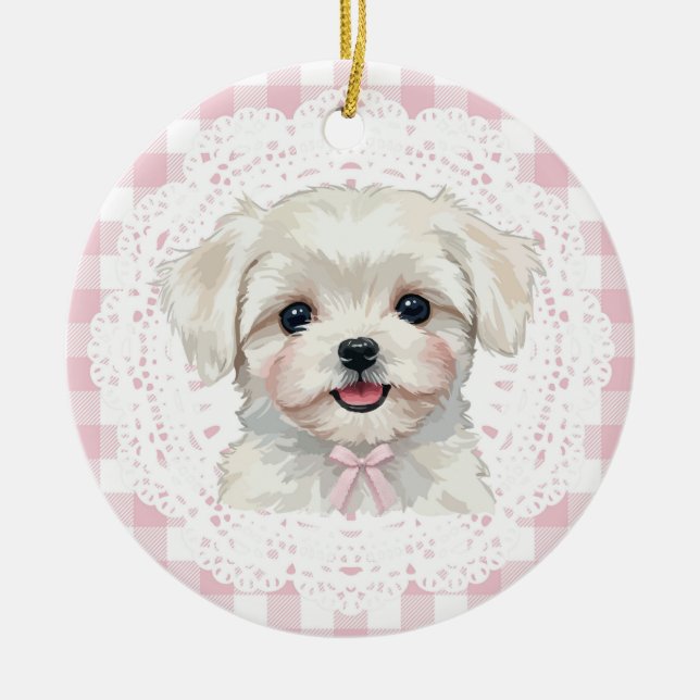 Ornamento De Cerâmica Coquette Maltese Dog Pink Gingham Bows (Frente)