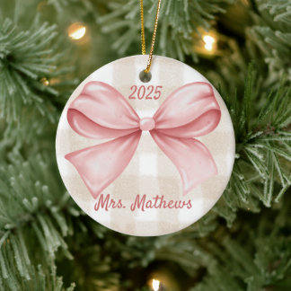 Ornamento De Cerâmica Coquette Pink Bow Teacher Custom Christmas