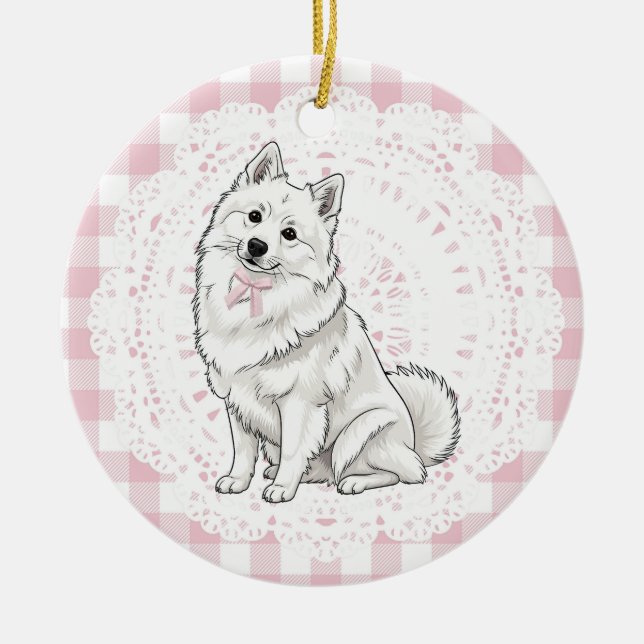 Ornamento De Cerâmica Coquette Pomeranian Dog Pink Gingham Bows (Frente)