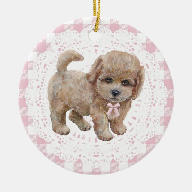 Ornamento De Cerâmica Coquette Poodle Dog Pink Gingham Bows (Frente)