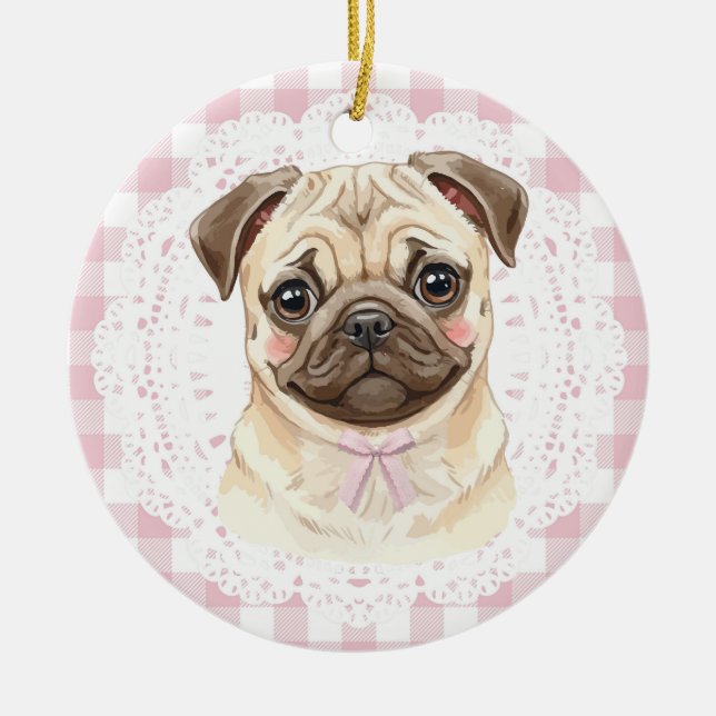 Ornamento De Cerâmica Coquette Pug Dog Pink Gingham Bows (Frente)