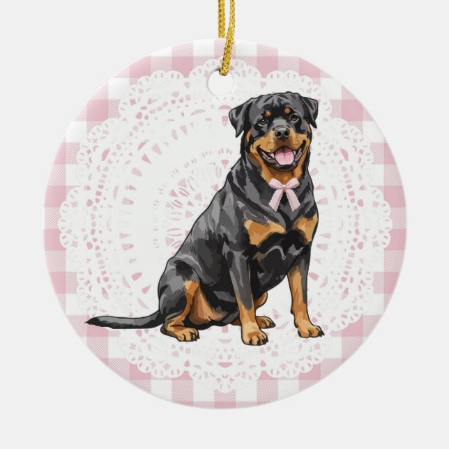 Ornamento De Cerâmica Coquette Rottweiler Dog Pink Gingham Bows (Frente)