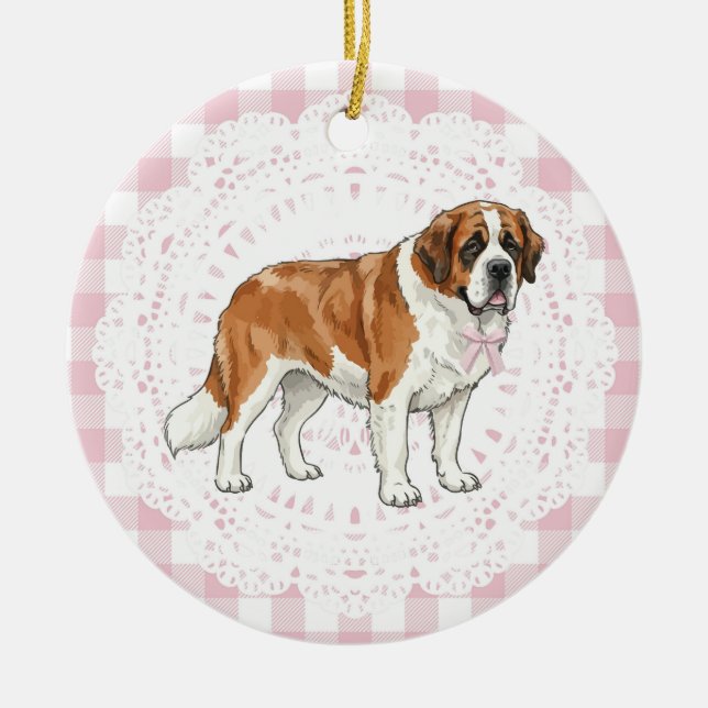 Ornamento De Cerâmica Coquette Saint Bernard Dog Pink Gingham Bows (Frente)