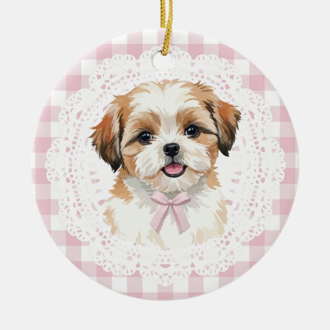 Ornamento De Cerâmica Coquette Shih Tzu Dog Pink Gingham Bows (Frente)