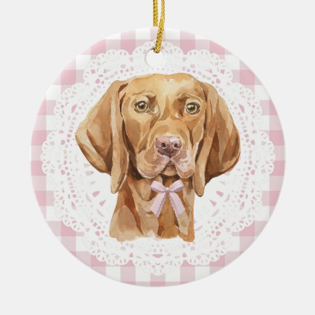 Ornamento De Cerâmica Coquette Vizsla Dog Pink Gingham Bows (Frente)