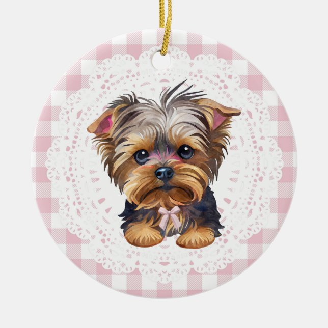 Ornamento De Cerâmica Coquette Yorkshire Terrier Dog Pink Gingham Bows (Frente)