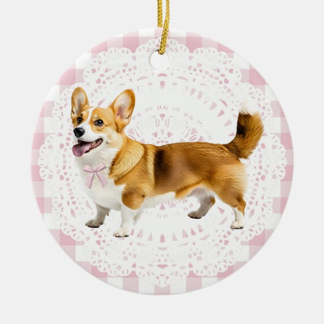 Ornamento De Cerâmica CoquettePembroke Welsh Corgi Dog Pink Gingham Bows (Frente)