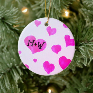 Ornamento De Cerâmica Cor d'água rosa corações Nomes personalizados de C