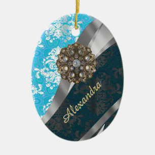 Ornamento De Cerâmica Cor damasco azul pálido e bonito