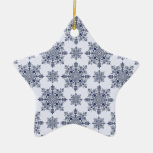 Ornamento De Cerâmica Cor damasco de flocos de neve azuis