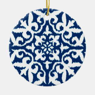 Ornamento De Cerâmica Cor damasco de Ikat - azuis cobaltos e branco