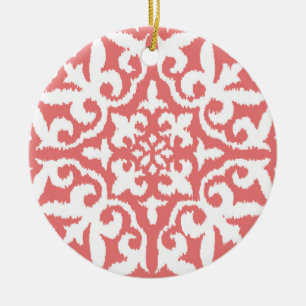 Ornamento De Cerâmica Cor damasco de Ikat - cor-de-rosa coral e branco