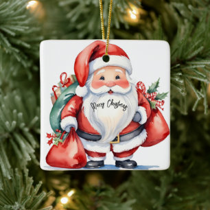 Ornamento De Cerâmica Cor de água doce Santa Claus com bolsas vermelhas