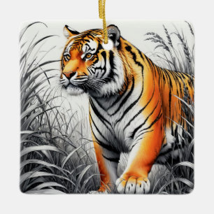 Ornamento De Cerâmica Cor de Arte Tigre Desenho Branco Parcial Preto