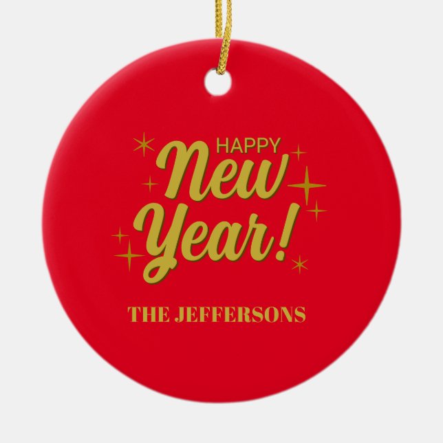 Ornamento De Cerâmica Cor Dourada Feliz Ano Novo Natal Alegre (Frente)
