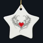 Ornamento De Cerâmica Coração Anjo Vermelho com asas<br><div class="desc">Coração vermelho pintado artificialmente com cinza de asas de anjo,  decorado com contorno liso preto.</div>
