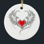 Ornamento De Cerâmica Coração Anjo Vermelho com asas<br><div class="desc">Coração vermelho pintado artificialmente com cinza de asas de anjo,  decorado com contorno liso preto.</div>